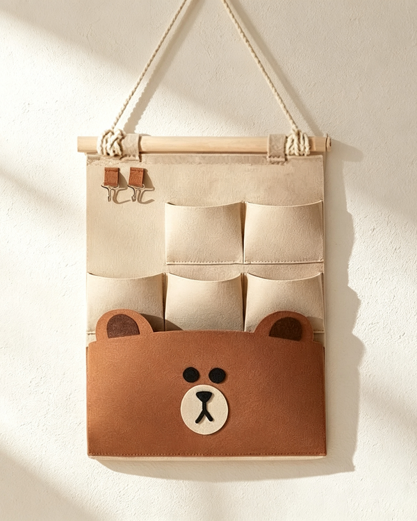 Brown Bear Felt Wall Organizer (with Hooks)