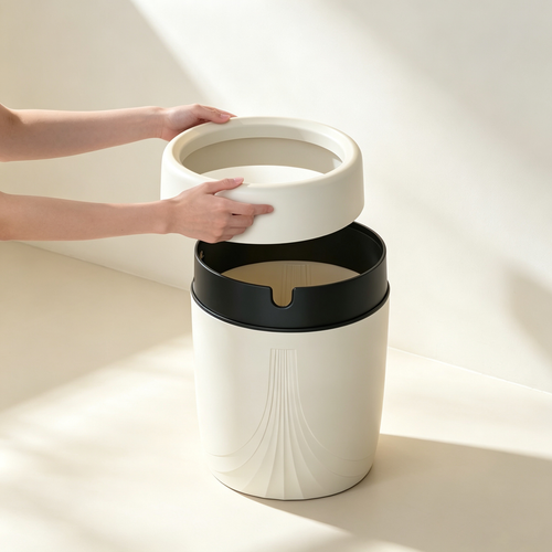 Cream-Style Open-Top Trash Can (Large Capacity with Double-Layer Ring)
